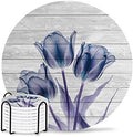 Coasters for Drinks Set of 8 with Holder Abstract Transparent Blue Flower Tulip Wood Grain Ceramic Cup Mat Absorbent Ceramic Stone Coasters with Cork Base for Coffee Cups Wooden Table Home Decor 4in by Daleng