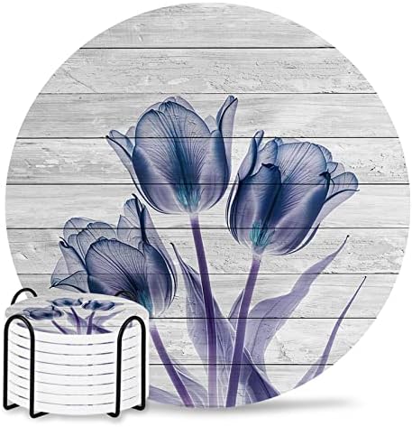 Coasters for Drinks Set of 8 with Holder Abstract Transparent Blue Flower Tulip Wood Grain Ceramic Cup Mat Absorbent Ceramic Stone Coasters with Cork Base for Coffee Cups Wooden Table Home Decor 4in by Daleng