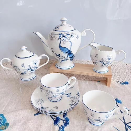 Bone Porcelain Coffee Pot Tea Cup Set With Blue Peacock Pattern Coffee Pot Set-Blue Peacock Sugar Bowl - Image 6