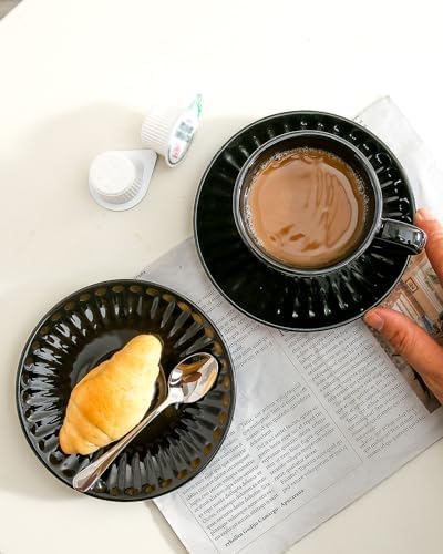 HASENSE Ceramic Cappuccino Cups and Saucers - 8 Oz, Large Ribbed Coffee Mugs Set of 4 for Coffee,Tea,Latte and Macchiato, Demitasse Cups Set Aesthetic Gifty, Black - Image 2
