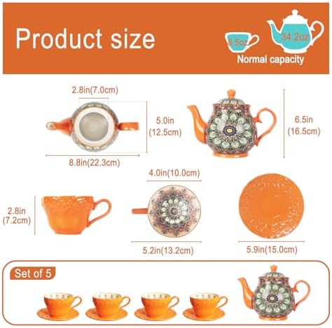 Porcelain Tea Set 5-Piece Tea Set,Teapot and Cup Set（34.2OZ、8.5OZ) Bohemian style suitable for tea, milk, coffee - Image 2
