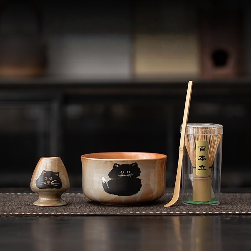 Matcha Whisk Set -4 Piece Ceremony Matcha Set with Matcha Whisk,Bamboo Matcha Scoop, Whisk Holder,Ceramic Matcha Bowl,Cat Design Matcha Tea Ceremony fit for Traditional Japanese Tea Ceremony (Cat) by ZUHSA