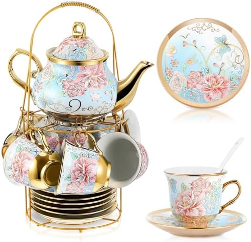 Zhehao 20 Pcs Porcelain Tea Set for Adult, with Metal Holder, Vivid by Zhehao