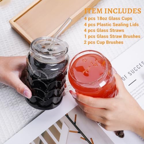 Jiuchen 4-Pack 18oz Borosilicate Glass Cups with Leakproof Lids & Straws,Multi-Use Tumblers for Office and Home - Iced Coffee, Smoothies, Cocktails, Juice, Iced Tea & Protein Shakes, Dishwasher Safe - Image 5