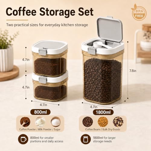 3 Pcs Airtight Coffee Canister Set, BPA-Free, 60.8 oz + 2 x 27 oz，Amber - Image 2