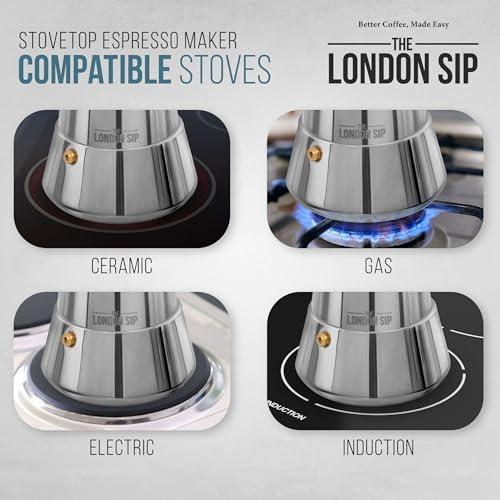 The London Sip Stainless Steel Stovetop Espresso Maker Moka Pot and Coffee Spoon Set - Image 4