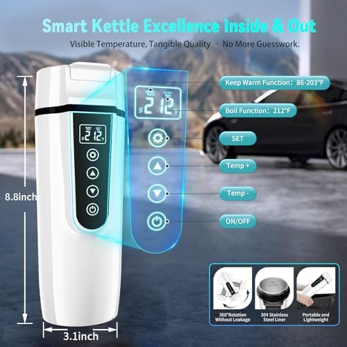 Car Electric Kettle for Travel : FVPE 12V/24V Small Electric Water Kettle, Multi-Temp Control 400 mL Portable Car Water Boiler for Brewing Coffee Tea,LCD Display 304 Stainless Steel Truck Heating Cup - Image 4
