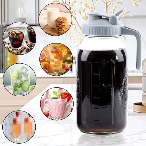 Cold Brew Coffee Maker 64 Oz Mason Jar Cold Brew Pitcher With Strainer 2 Set Half Gallon Wide Mouth Glass Iced Coffee Maker With Spout Lids 2 Quart Glass Pitcher For Fridge, Lemonade, Cold Brew - Image 6