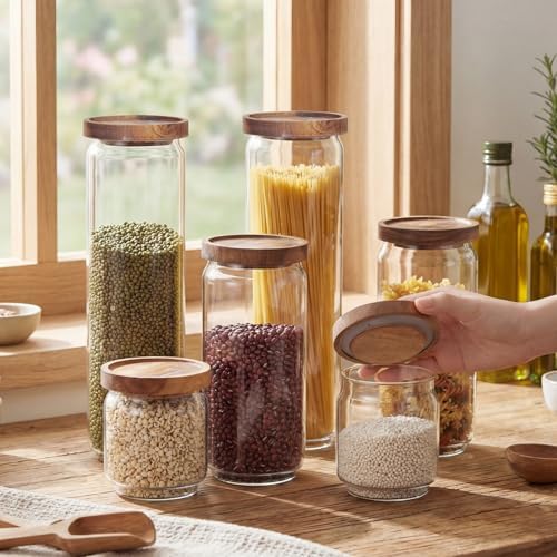 SiliFine Glass Pantry Storage Jar with Lid, 6 Set, Wood Lid - Image 4