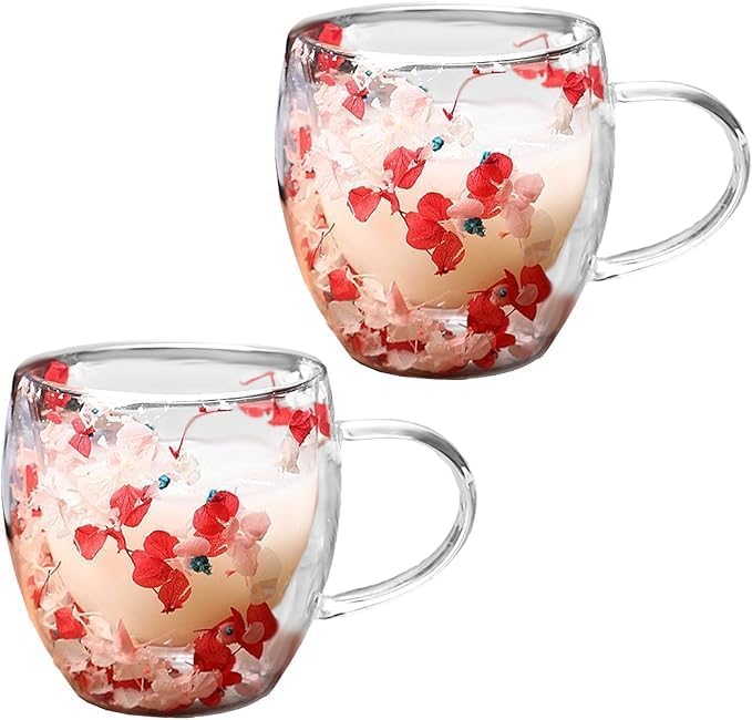 Double Wall Glass Coffee Mugs with Handle – Set of 2, 250ml Clear Flower Design Tea Cups | Insulated Glass Mugs for Hot & Cold Beverages, Cappuccino, Latte, Espresso, Tea (Red & Pink) by PrimeWorld