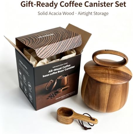 KitchNet Acacia Wood Coffee Canister with Wooden Scoop, Natural Wood Storage Container with Silicone Seal Lid, Elegant Countertop Jar for Coffee Lovers and Kitchen Decor - Image 7