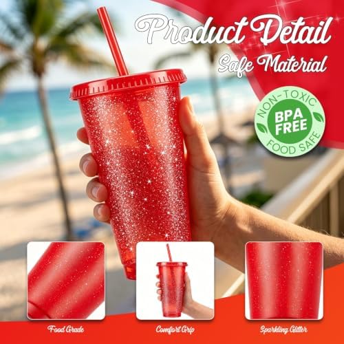 24 Pcs Red Tumblers with Straw & Lid - 24oz Coffee Cups - Image 3