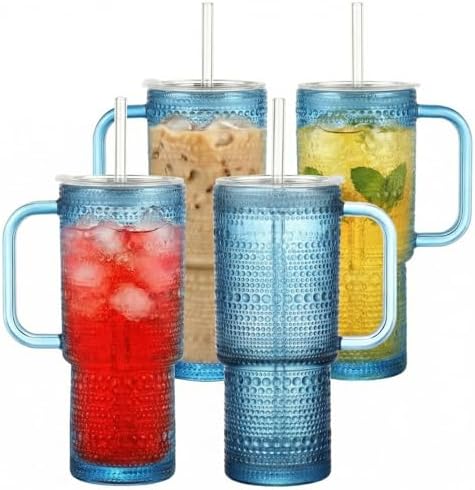 20 oz Blue Glass Tumbler with Lid and Straw, Glass Iced Coffee Cups, Spill-proof Glasses Tumbler with Handle, Glasses Drinking Set of 4, Vintage Glassware for Cocktail, Smoothies by Unknown