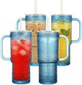 20 oz Blue Glass Tumbler with Lid and Straw, Glass Iced Coffee Cups, Spill-proof Glasses Tumbler with Handle, Glasses Drinking Set of 4, Vintage Glassware for Cocktail, Smoothies by Unknown
