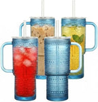 20 oz Blue Glass Tumbler with Lid and Straw, Glass Iced Coffee Cups, Spill-proof Glasses Tumbler with Handle, Glasses Drinking Set of 4, Vintage Glassware for Cocktail, Smoothies by Unknown