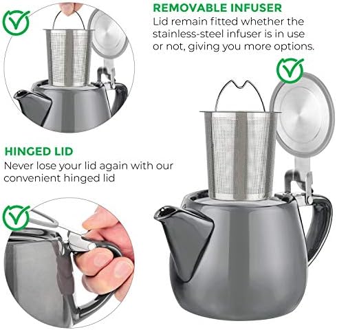 Tealyra - Pluto Porcelain Small Teapot Grey - 18.2-ounce (1-2 cups) - Unique Finish - Stainless Steel Lid and Extra-Fine Infuser To Brew Loose Leaf Tea - 540ml - Image 3