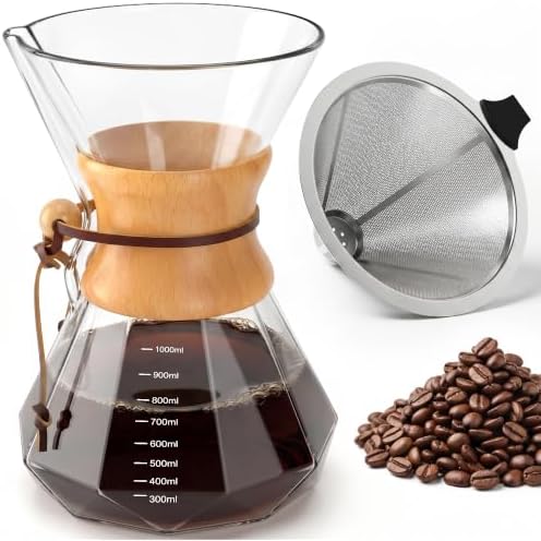 Pour Over Coffee Maker 34oz (1000ml), Borosilicate Glass Carafe with Wooden Handle & Diamond-Shaped Body, Double Layer Stainless Steel Filter, Drip Coffee Brewer for Home Camping by OAKJAR