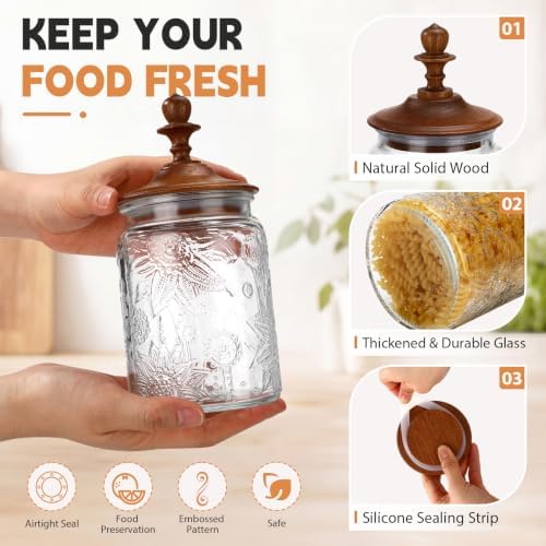 Suclain 6 Pack 24 oz Glass Spice Jars with Dark Wood Lids Vintage Canisters with Begonia Pattern Airtight Food Storage Container for Home Kitchen Tea Coffee Spice Pantry Organization Decorations - Image 3