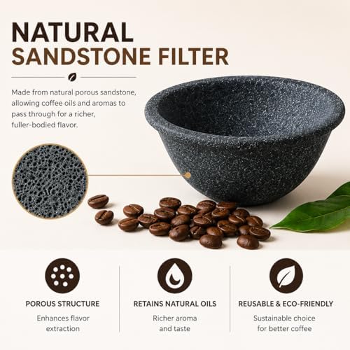 Sandstone Coffee Dripper with Wooden Stand, Reusable Pour Over Filter - Image 2