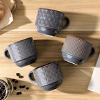 JIEMEI HOME Large Ceramic Coffee Mug Set of 4 with Stand, 15 Oz Stackable Embossment Ribbed Latte Cup Set for Cappuccino, Latte, Tea, Hot Cocoa, Drinks - Dishwasher & Microwave Safe, Dark Purple - Image 7