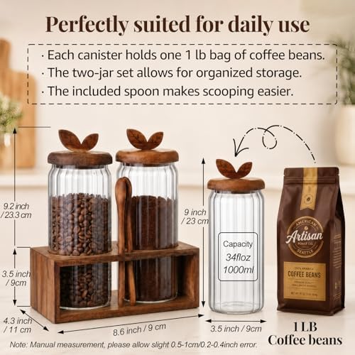 Airtight Coffee Sugar Canister Set, 2 × 34 floz Acacia Coffee Grounds Container with Wooden Lid & Spoon & Base, Espresso Bean Storage, Food Storage Jar for Tea, Sugar - Image 3
