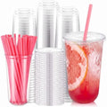 Ziliny 100 Sets 18 oz Clear Plastic Cups with Heart Shaped Straws and Lids by Ziliny
