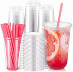 Ziliny 100 Sets 18 oz Clear Plastic Cups with Heart Shaped Straws and Lids by Ziliny