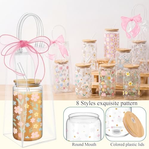 Mumufy 8 Sets Daisy Flower Glass Cups with Lids Straws Bulk, 16 Oz - Image 3