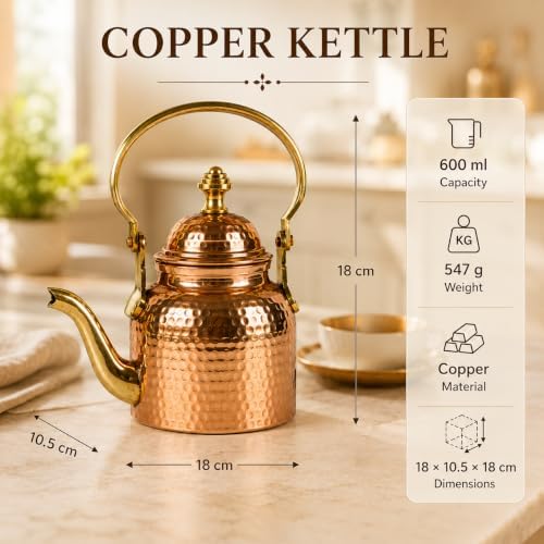 Handcrafted Copper Kettle 600 ml with Brass Handle for Tea & Herbal Drinks - Image 5