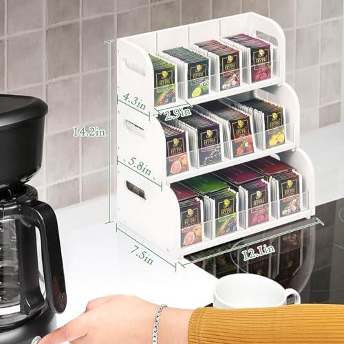 Bamboo Tea Bag Organizer, 3-Tier Tea Bag Holder Storage Organizer, Stackable Tea Packet Rack/Shelf, Tea Station Stand with Acrylic Partition for Counter, Cabinet and Pantry-White - Image 4