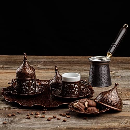 DEMMEX Turkish Greek Arabic Coffee Making and Serving Full Set with Cups Saucers Lids Sugar Bowl Tray and Copper Coffee Pot, 12 Pcs - Image 5