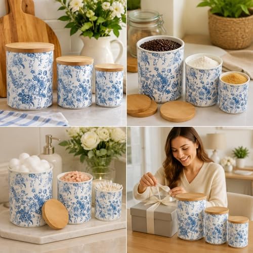AnyDesign Chinoiserie Floral Ceramic Kitchen Canisters Sets Vintage Blue Flower Clear Storage Jar with Airtight Lids for Home Kitchen Countertop Decor Flour Sugar Tea Spice Container, Set of 3 - Image 7