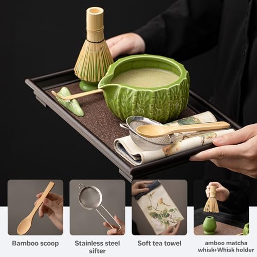 Matcha Whisk Set, 8-Piece 3D Cactus Design Ceramic Set with Glazed Bowl, Bamboo Whisk & Sifter, Easy Clean (Sky blue) - Image 3