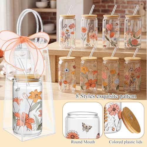 Mumufy 8 Sets Vintage Flower Glass Cups with Lids Straws Bulk, 16 Oz - Image 3