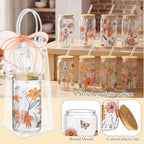 Mumufy 8 Sets Vintage Flower Glass Cups with Lids Straws Bulk, 16 Oz - Image 3