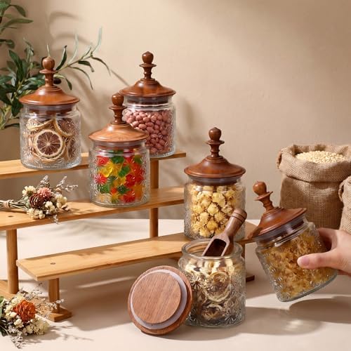 Suclain 6 Pack 17 oz Glass Spice Jars with Dark Wood Lids Vintage Canisters with Star Pattern Airtight Food Storage Container for Home Kitchen Tea Coffee Spice Pantry Organization Decorations - Image 4