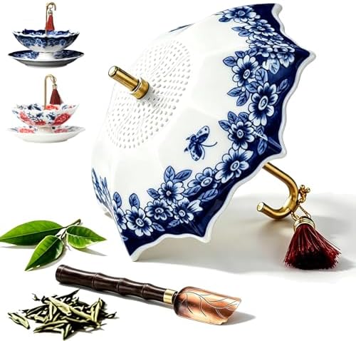 Tea Umbrella Infuser, Ceramic Tea Strainer Umbrella Shape, Blue White Porcelain Loose Leaf Tea Filter with Base, Oriental Kung Fu Tea Diffuser for Brewing (Celadon, 2PCS) by DENGWANG