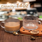 2 Pcs 420 ml Vintage Coffee Mugs, Overnight Oats Containers with Handle, Bamboo Lids and Spoons-Embossed Glass Cups Ideal for Cappuccino, Latte, Cereal, Yogurt, Hot or Cold Beverages - Image 7