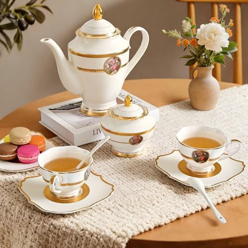 Luxury White & Gold Embossed Tea Cups and Saucers with Teapot, Sugar Bowl, & &Creamer, Vintage European Porcelain Coffee Set for Tea Party, Wedding, Gift (Gole & Rose, 17pcs/set) - Image 3