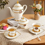 Luxury White & Gold Embossed Tea Cups and Saucers with Teapot, Sugar Bowl, & &Creamer, Vintage European Porcelain Coffee Set for Tea Party, Wedding, Gift (Gole & Rose, 17pcs/set) - Image 3