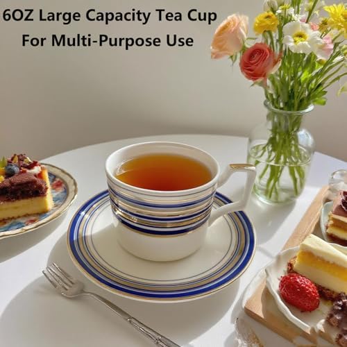 Vintage Tea Sets for Adults, Porcelain Complete Tea Sets - Golden&Blue Trim British Coffee Cups& Saucer Service for 4 with Teapot,Sugar Bowl,Creamer Pitcher for Gifts Kitchen&Party - Image 4
