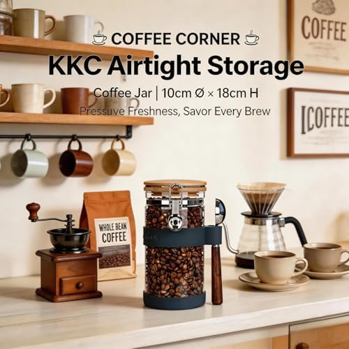 KKC Airtight Glass Coffee Canister 40 oz/1200 ml with Scoop, Holds 1 lb Whole Coffee Beans & Ground Coffee, Clear Storage Jar with Bamboo Lid & Silicone Base Protector for Coffee Bar, Blue - Image 3