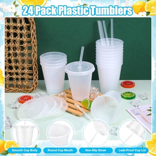 24 Pcs Plastic Tumblers with Lids and Straws, Reusable Cups with Lids Plastic Colorful Cups for Party Birthday, Iced Coffee Cup Travel Mug Cold Drink Tumblers Bulk (16 oz, White) - Image 2