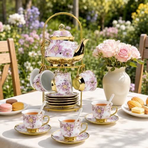 20Pcs Porcelain Tea Set with Metal Holder and Spoon, Floral Adult Tea Sets with Teapot Cups Saucers, European Ceramic Tea Parties Set for Women （Large） (Purple) - Image 6