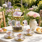 20Pcs Porcelain Tea Set with Metal Holder and Spoon, Floral Adult Tea Sets with Teapot Cups Saucers, European Ceramic Tea Parties Set for Women （Large） (Purple) - Image 6