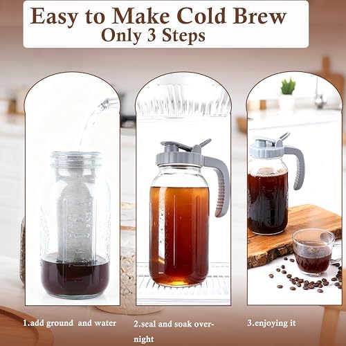 64 OZ Cold Brew Coffee Maker 2 Quart Mason Jar Glass Iced Tea Pitcher With Stainless Steel Filter Half Gallon Pitcher With Spout Lid For Iced Coffee,Tea & Lemonade,Sun Tea Airtight & Leak-Proof 2 PACK - Image 4