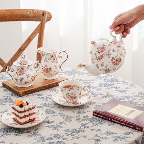 Agyiuns Flower Ceramic Teapot,22oz Porcelain Tea pot for Tea Coffee Milk for Office Home Men Women as Gift(White and small flowers) - Image 4