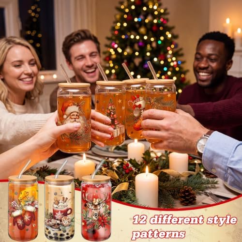 Teenyyou 12 Sets of Christmas Glasses Cups with Bamboo Lid and Glass Straw 16 oz Vintage Christmas Glass Jar Winter Drinking Cups Santa Snowman Elk Coffee Cup for Women Men Xmas Holiday Party Gifts - Image 6