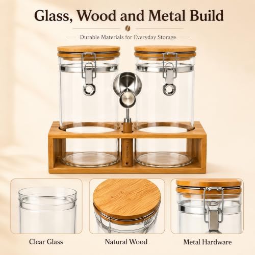 2 x 45 oz Coffee Canister Set, Airtight Glass Containers with Wooden Shelf - Image 5