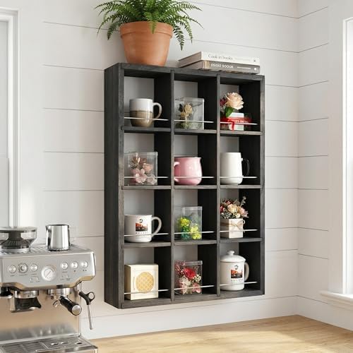 12 Grid coffee mug display shelf, 17x25" Wooden cup shelf for wall, Black - Image 2